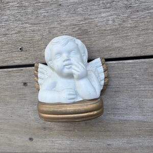 Cherub Angel Boy Thinking Sitting Statue White With Gold Base